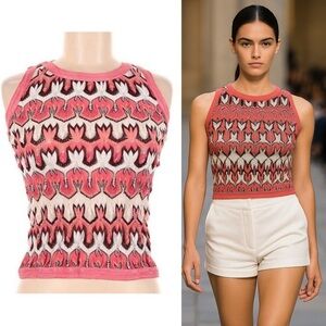 Missoni Sleeveless Knit Tank Top 42 S M Round Neck Zig Zag Geometric Pink White